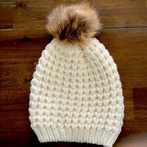 NBW Cream hat with brown pom pom